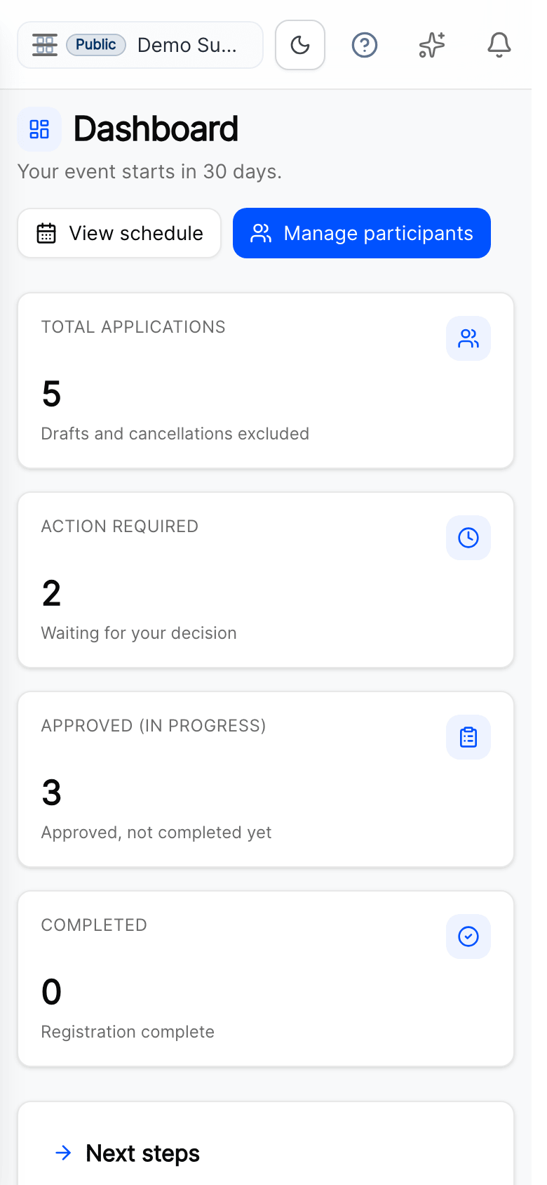 QuickEvent organiser dashboard on a phone, showing registration and approval counts and recent activity for an event.