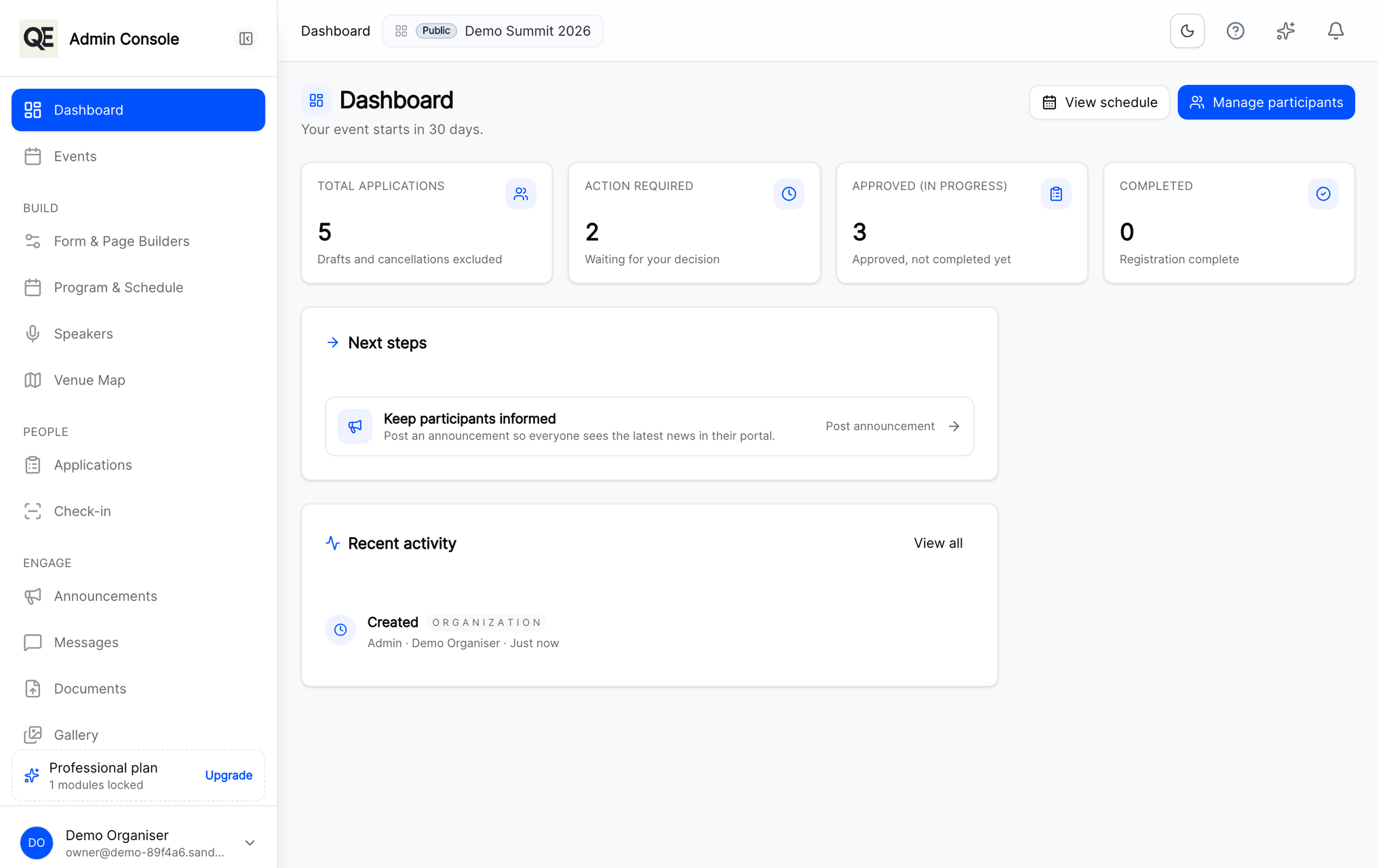 QuickEvent organiser dashboard showing registration and approval counts, upcoming sessions and recent activity for an event.